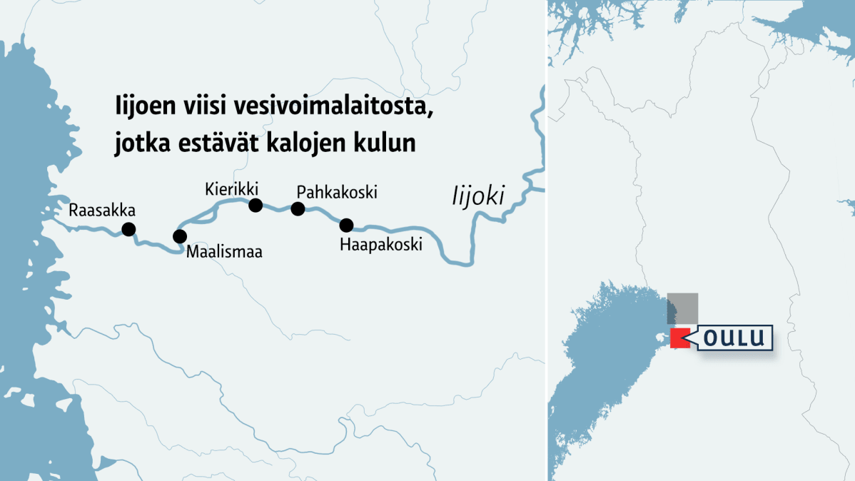 Kartta Iijoen voimalaitoksista.