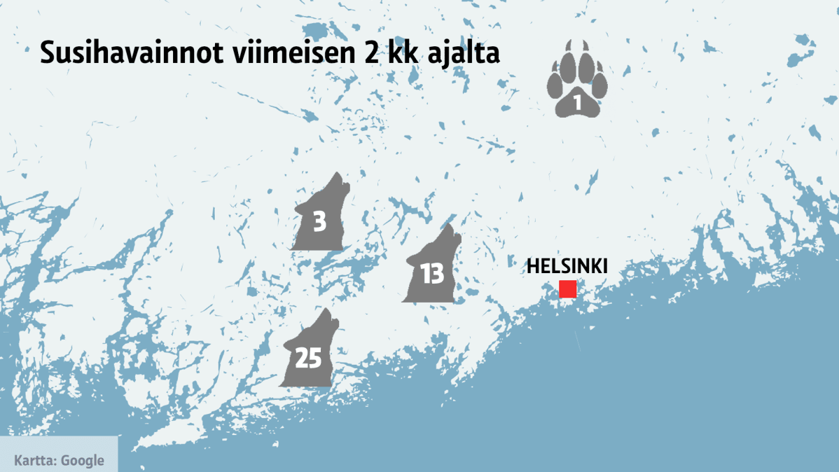 Kartta susihavainnoista.
