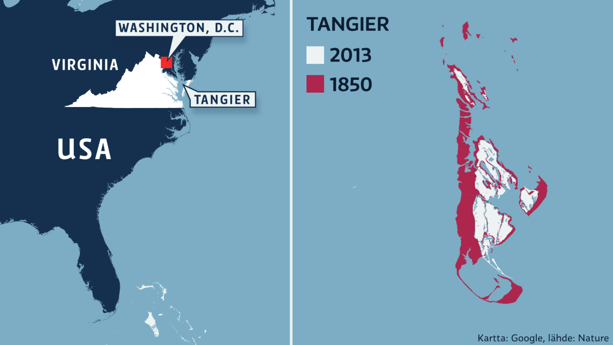 Yhdysvaltojen kartta ja Tangier-saari.