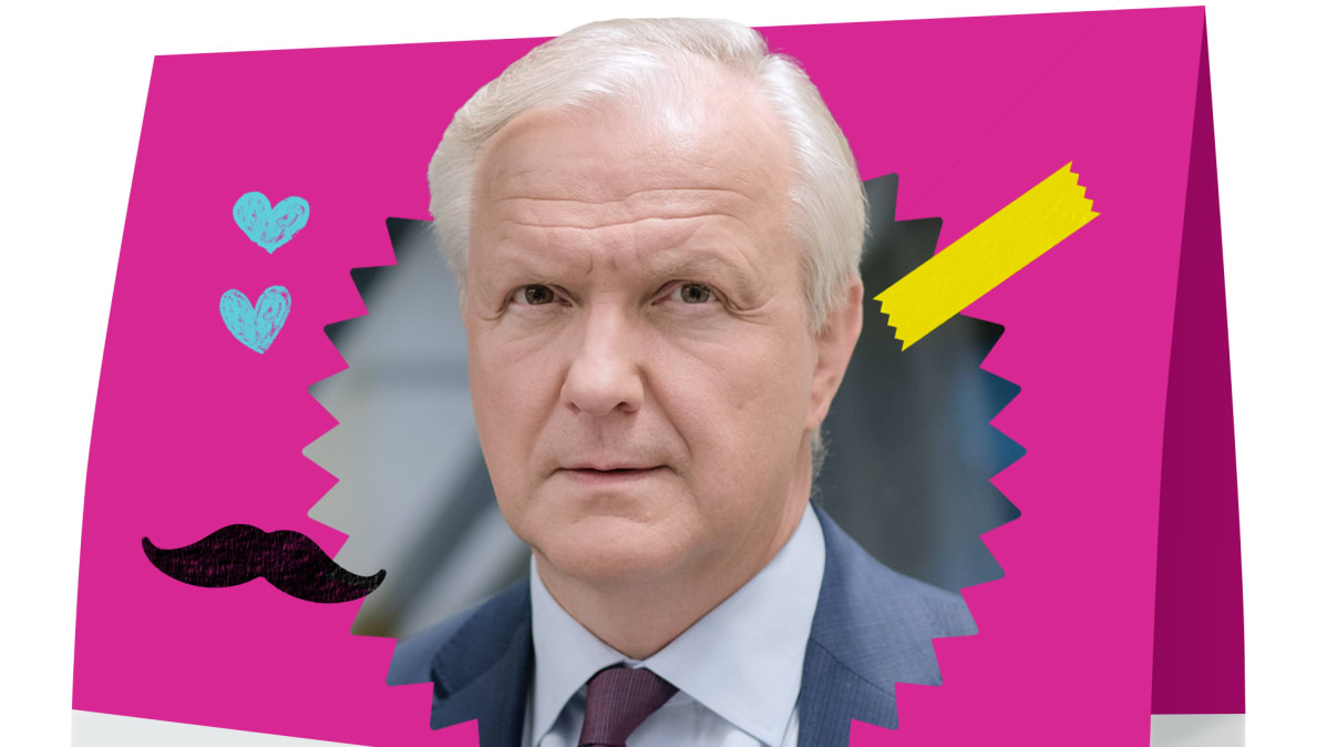 Grafiikka, jossa Olli Rehn on leikkisässä isänpäiväkortissa.