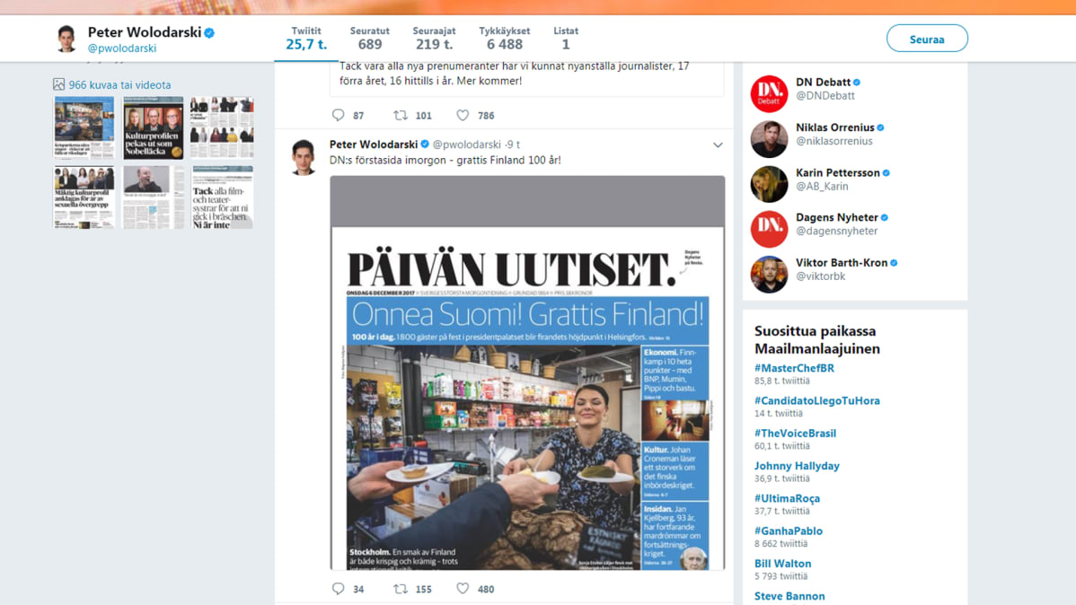 Kuvakaappaus Dagens Nyheter -lehden päätoimittajan Peter Wolodarskin twiitistä.