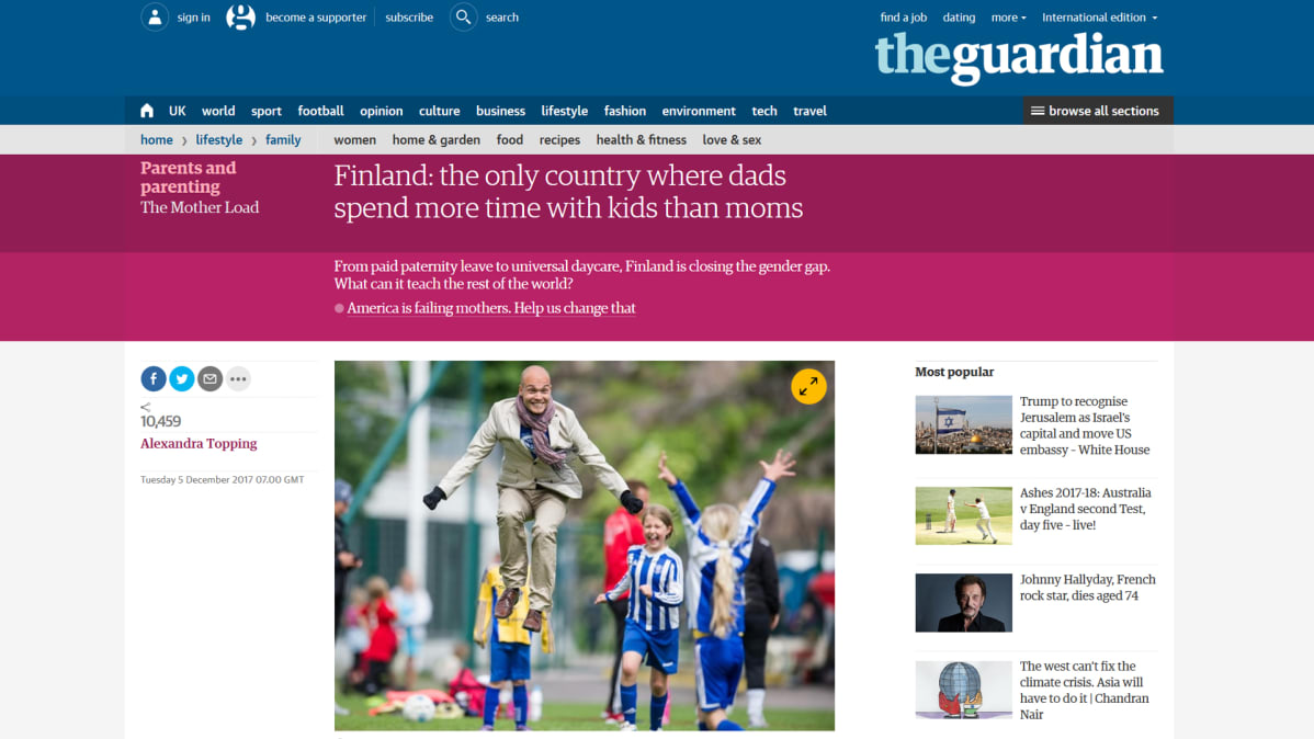 Kuvakaappaus The Guardian -lehden nettisivuilta artikkelista 6. joulukuuta 2017.