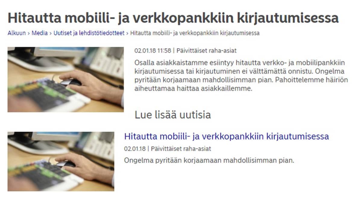 Nordean häiriötiedote netissä