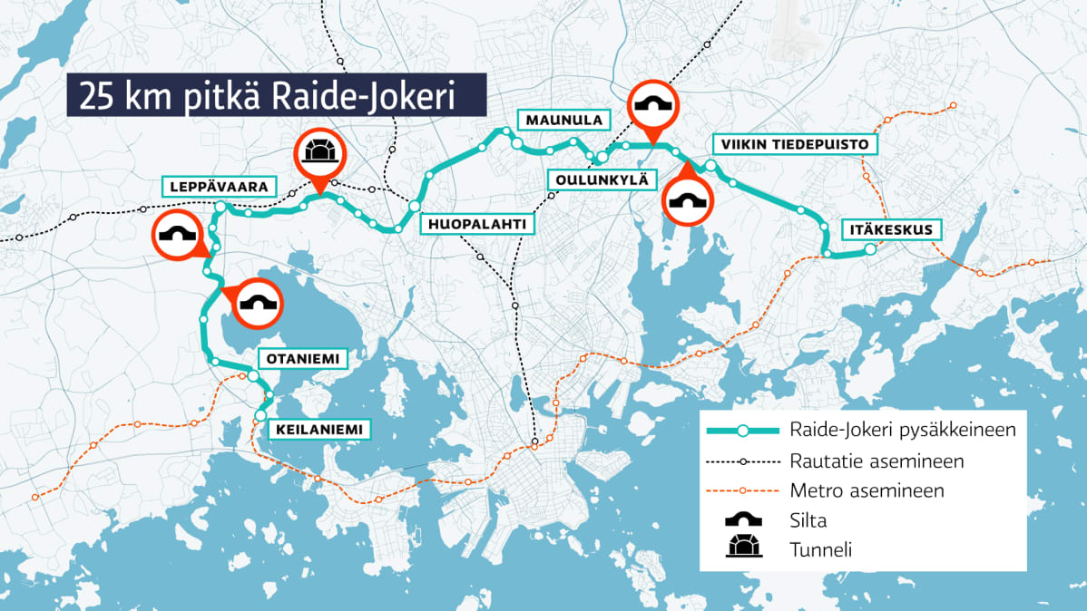 kartta Raide-jokerin reitistä
