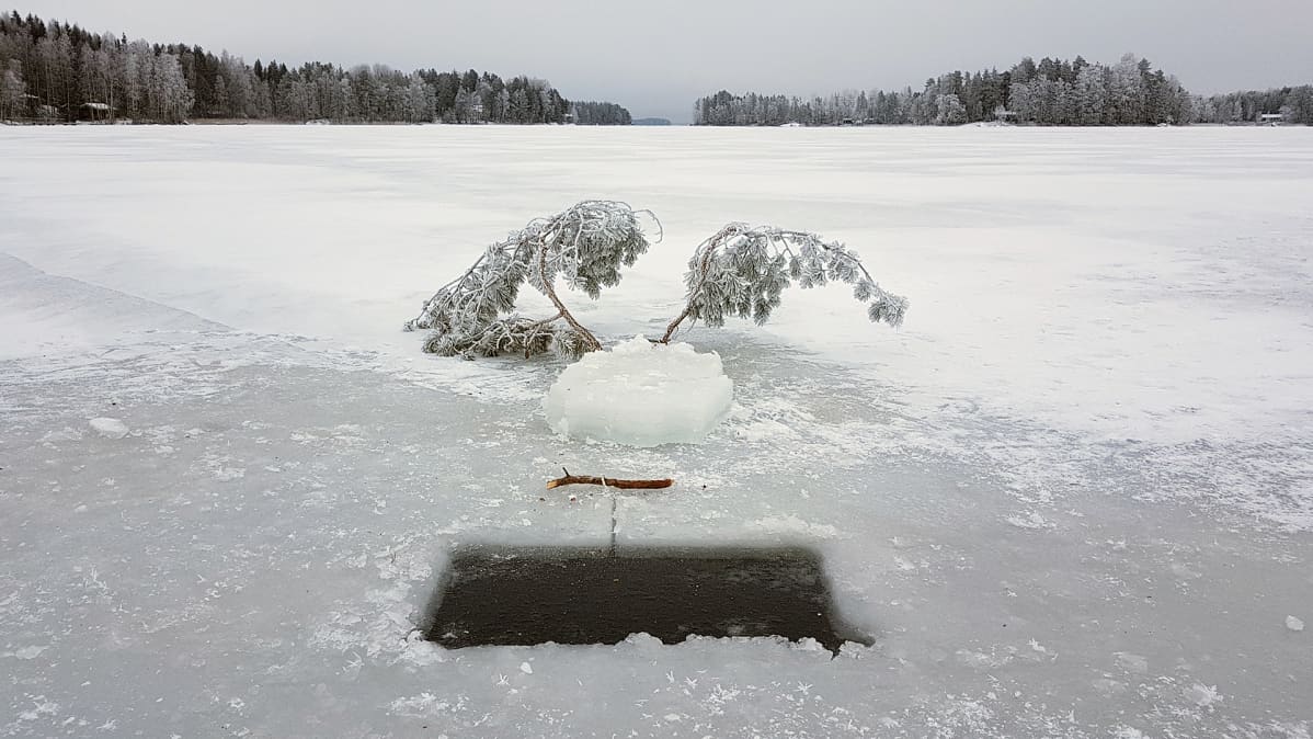 Verkkokalastusta, jäässä avanto.