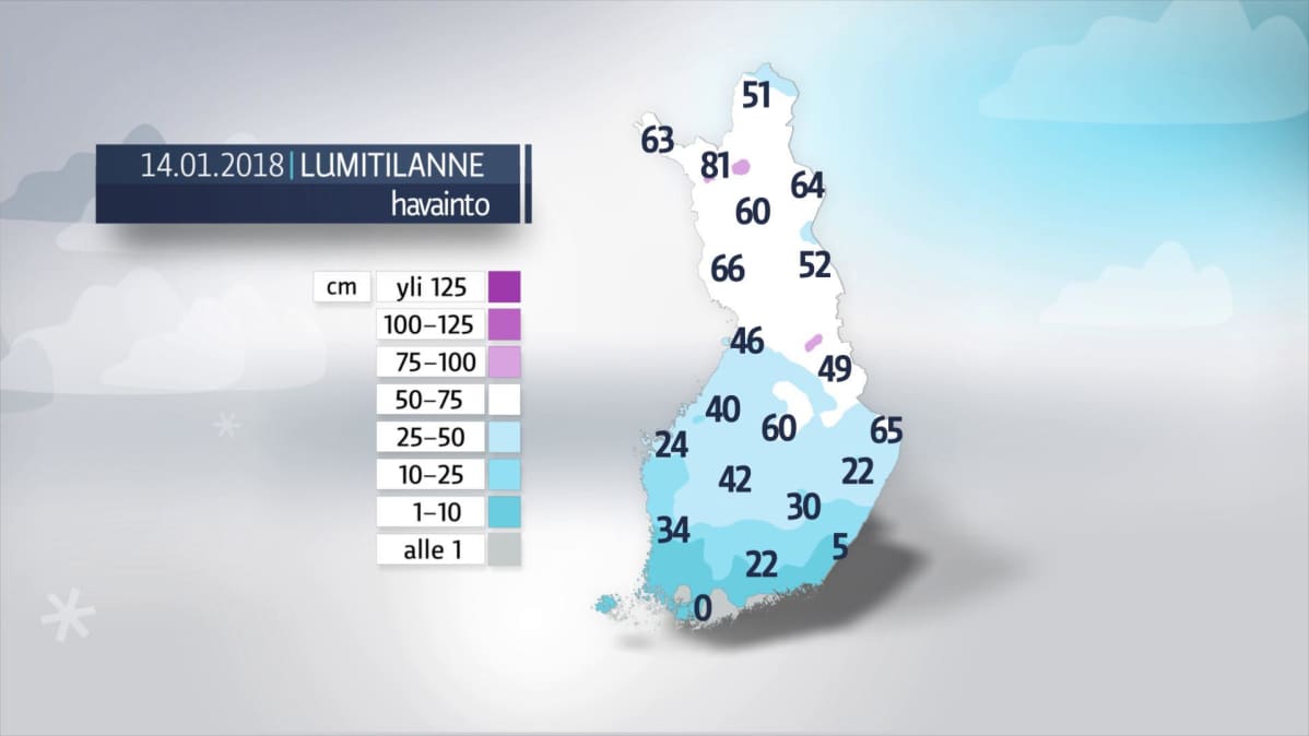 Kartta Suomen lumitilanteesta