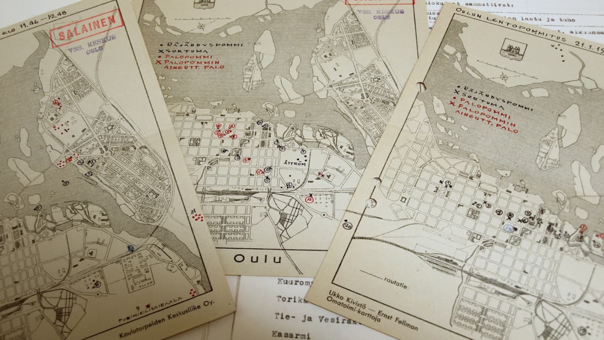 Oulun pommituskohteet 21.1.1940 merkittiin kartalle.