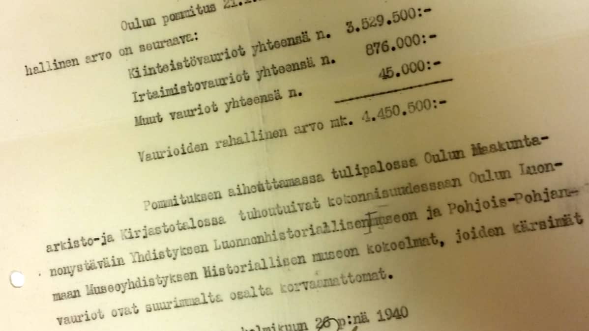 Oulun talvisodan aikaisen tammikuun pommituksen 21.1. 1940 tuhojen laskelma.