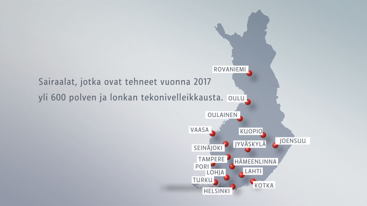 Sairaalat, jotka ovat tehneet vuonna 2017 yli 600 polven ja lonkan tekonivelleikkausta.