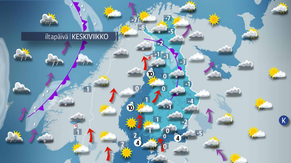 Sääkartta keskiviikolle 14. helmikuuta.