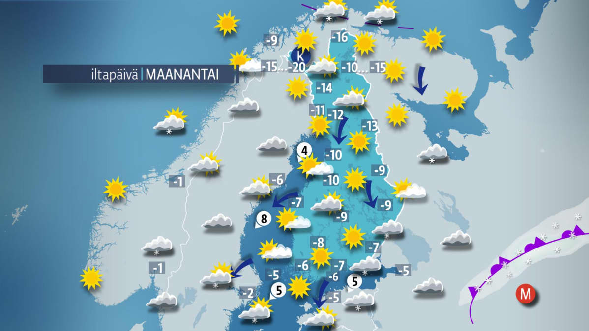 Sääkartta maanantaille 19. helmikuuta.