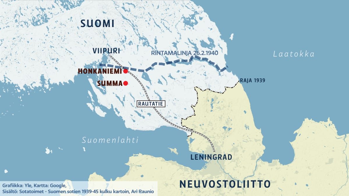 Karttagrafiikka vuoden 1940 rintamalinjasta Karjalankannaksella.