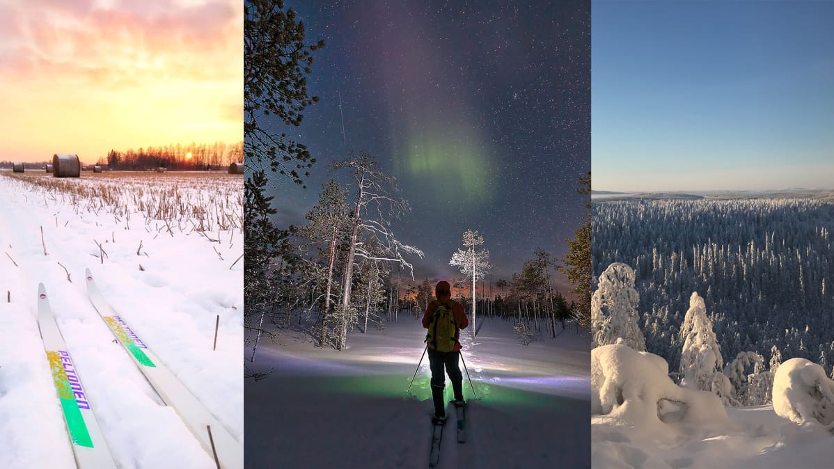 Kollaasi lukijoiden lähettämistä hiihtokuvista.