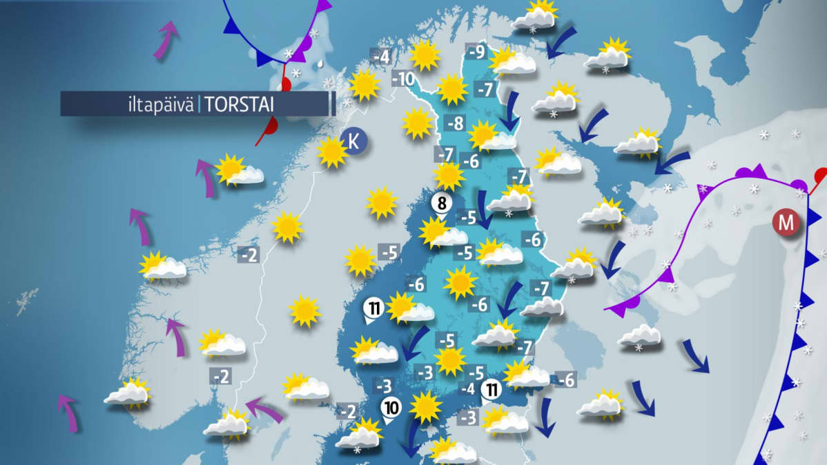 Päivän sääennuste torstaille 15. maaliskuuta.