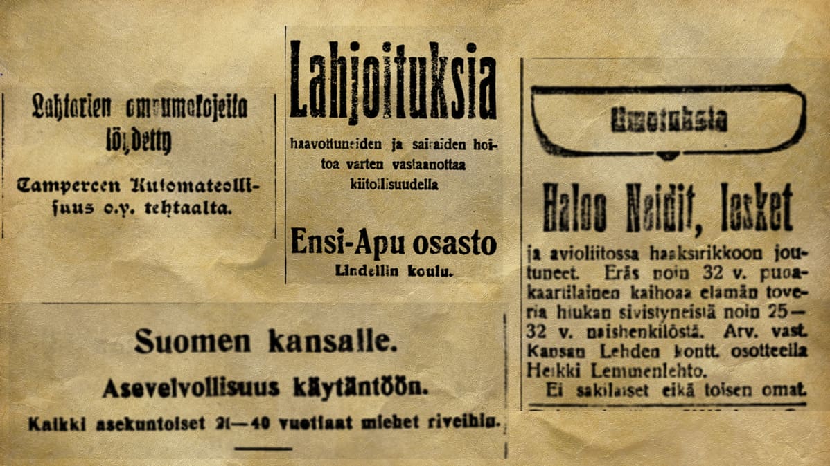 Lehti-ilmoituksia ja -otsikoita vuodelta 1918