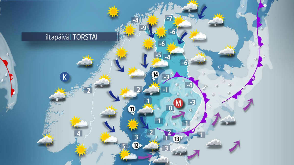 Torstai-iltapäivän sää.