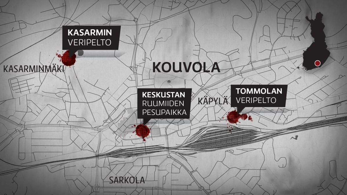 Karttagrafiikka Kouvolan vuoden 1918 tapahtumapaikoista