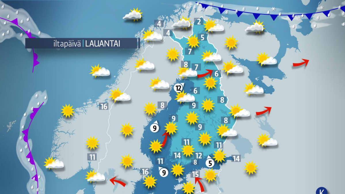 Lauantain sääkartta.