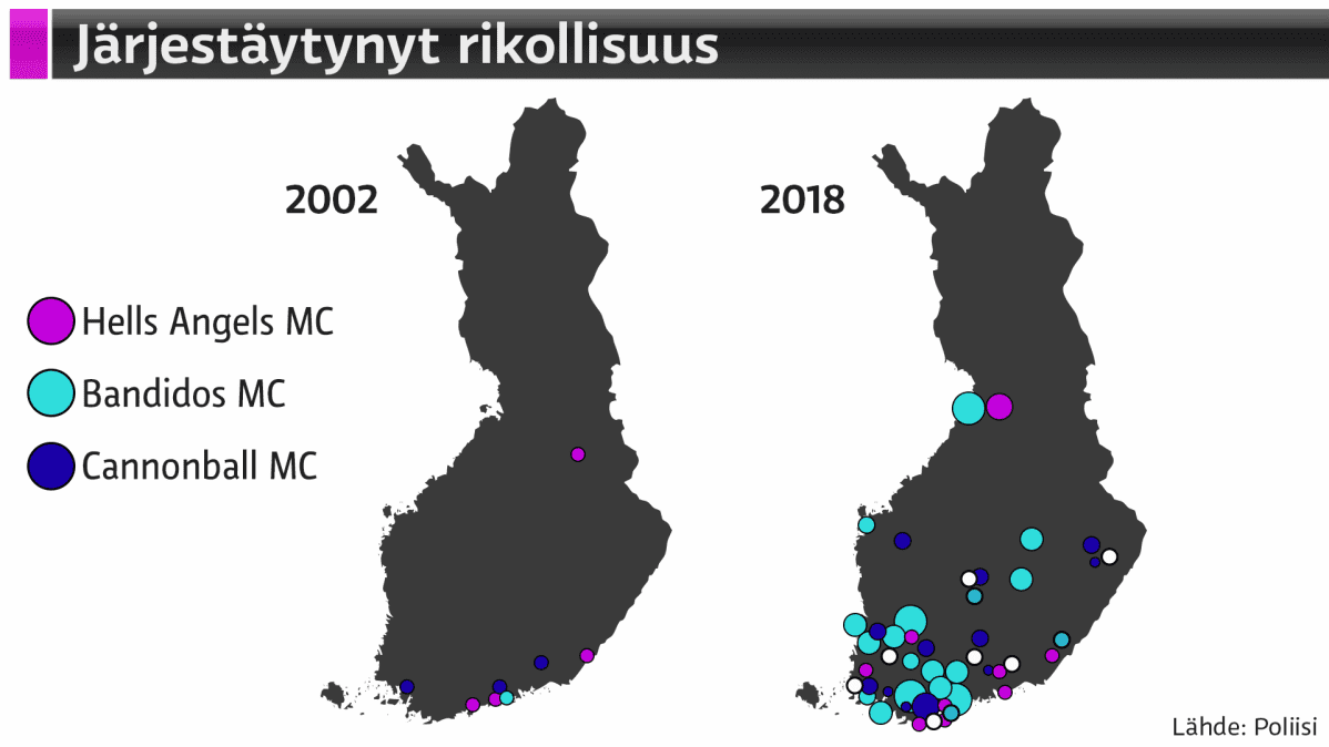 Kartta suurimmista moottoripyöräjengeistä Suomessa.