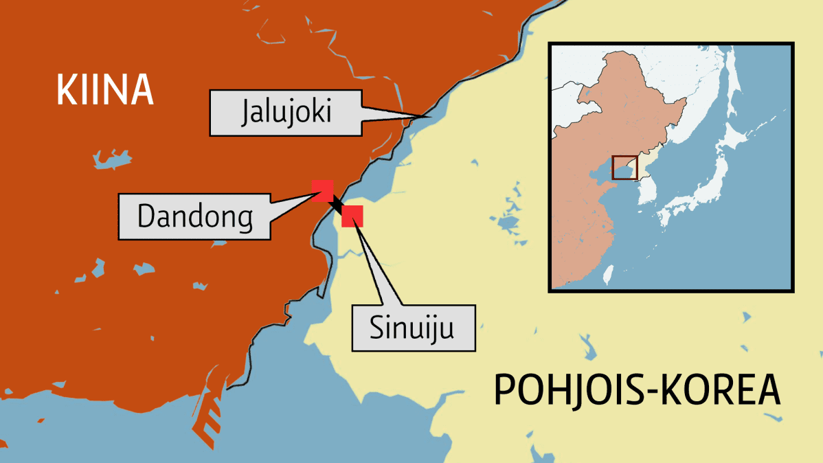 Karttagrafiikka Pohjois-Korean ja Kiinan väliltä.