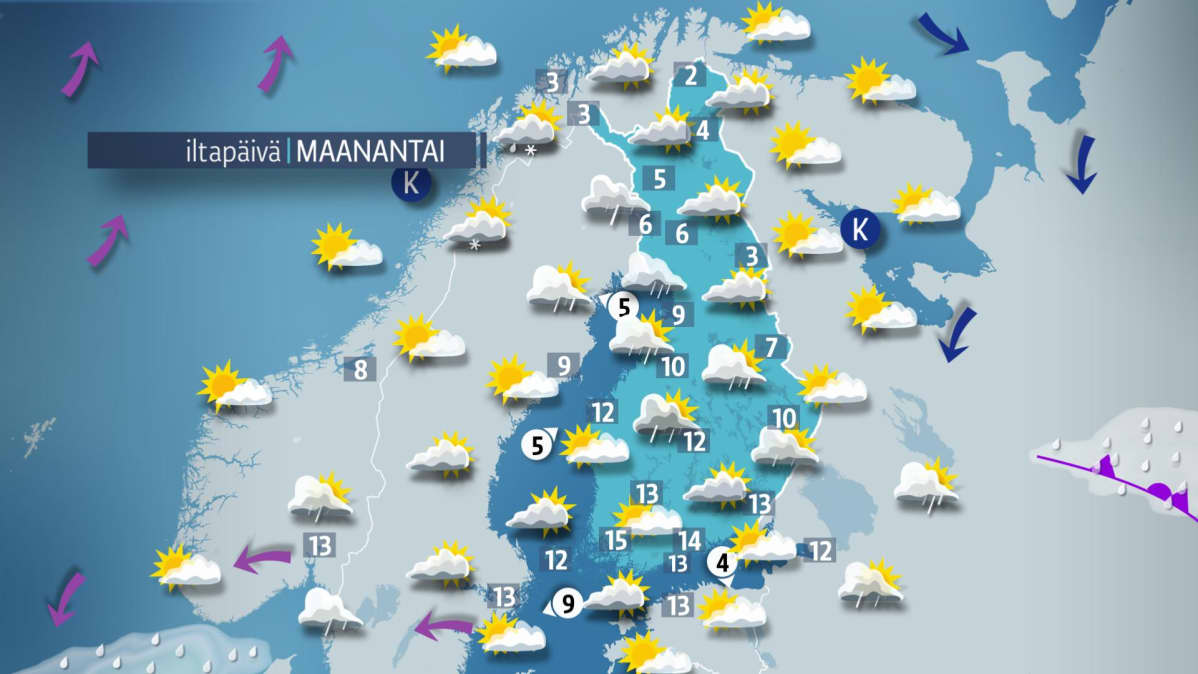 Maanantain sääkartta.