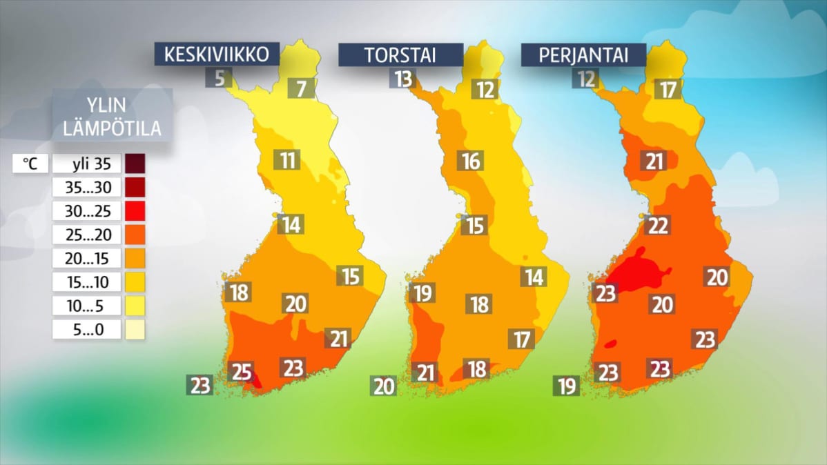 Keskiviikon, torstain ja perjantain sääkartat.