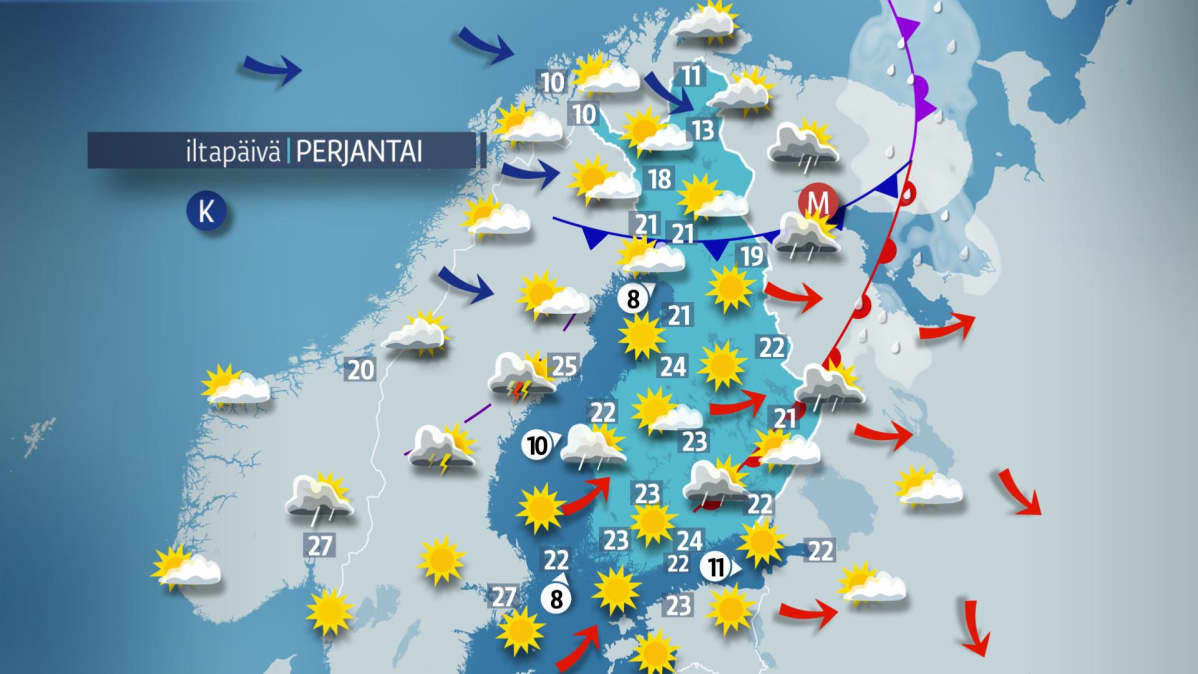 Päivän sääennuste perjantaille 1. kesäkuuta.