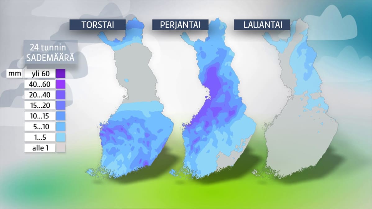 Sademäärät kolmena päivänä.