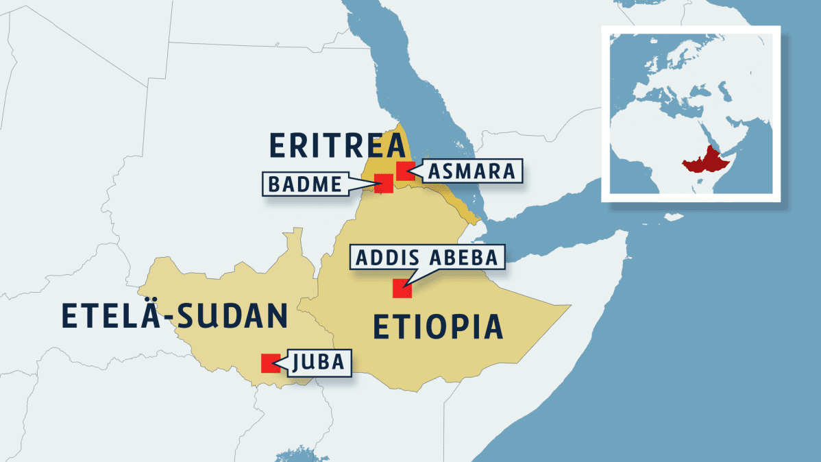 Kartta Etiopia, Eritrea ja Etelä-sudan.