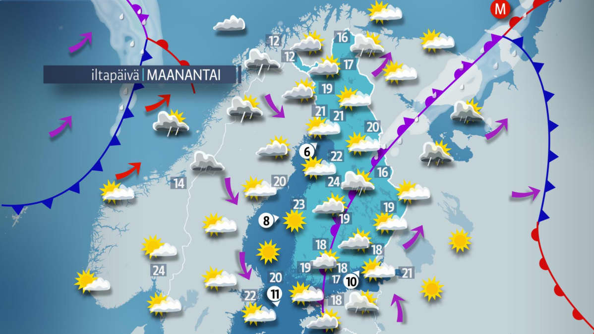 Sääennuste maanantaille 25. kesäkuuta.
