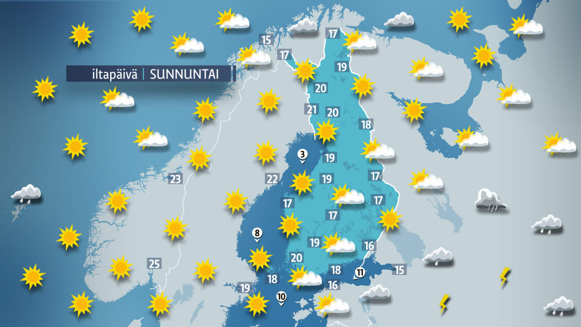 Sääennuste sunnuntaille 1. heinäkuuta.