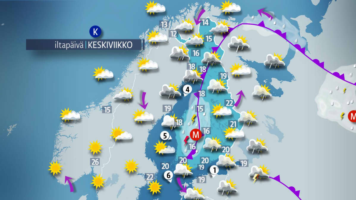Sääennuste keskiviikolle 4. heinäkuuta.