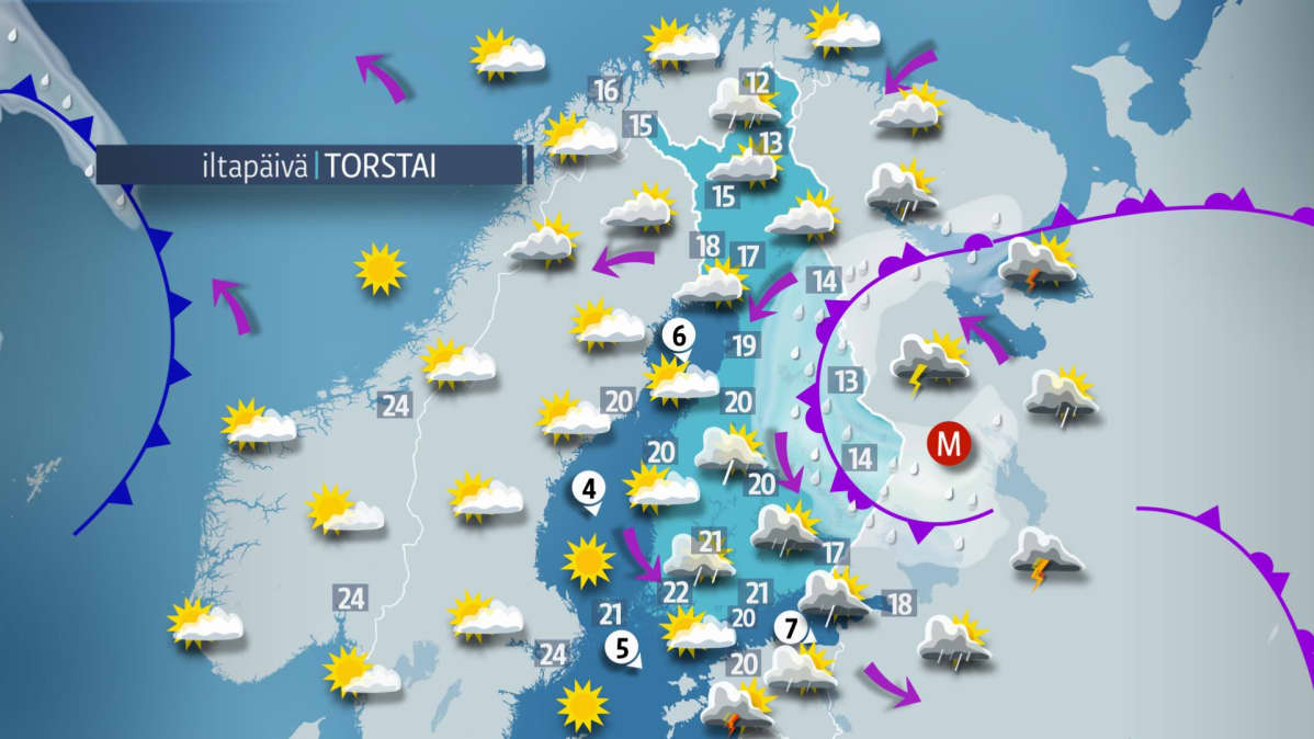 Sääennuste torstaille 5. heinäkuuta.