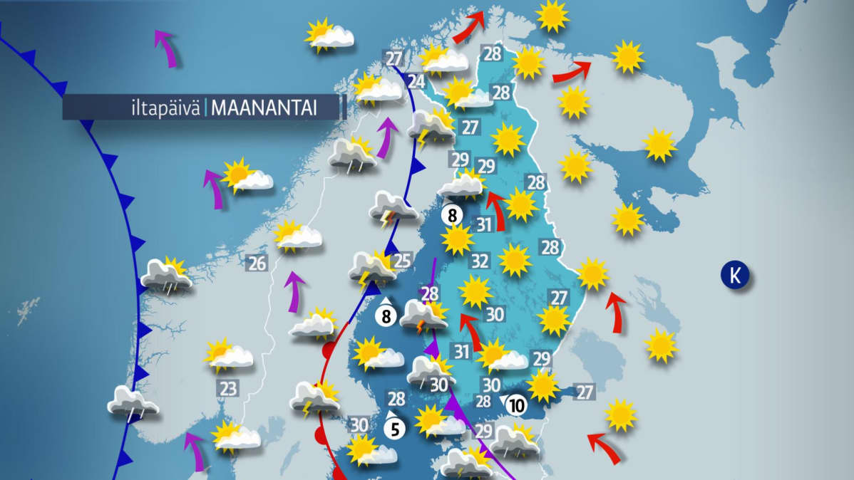 Sääennuste maanantaille 30. heinäkuuta.