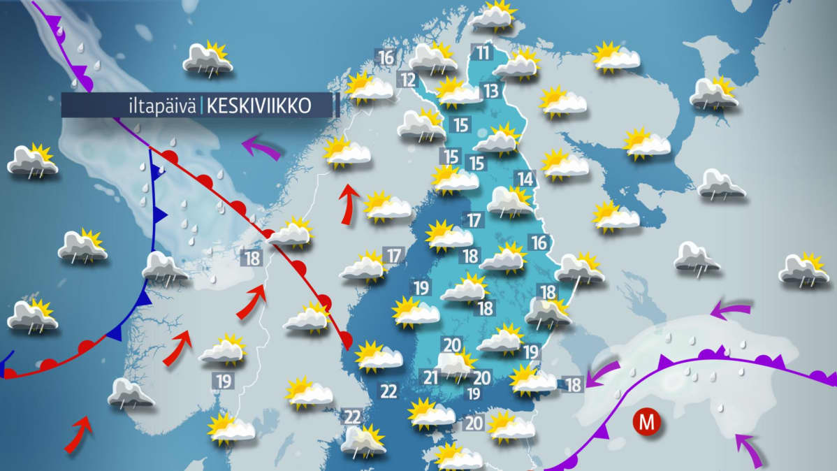 Sääennuste keskiviikolle 15. elokuuta.