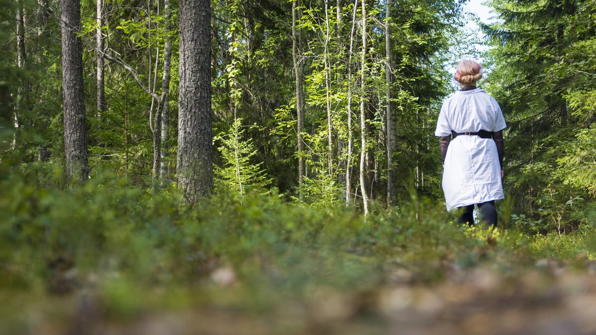 Ihminen kävelee metsässä kuvasta pois päin.