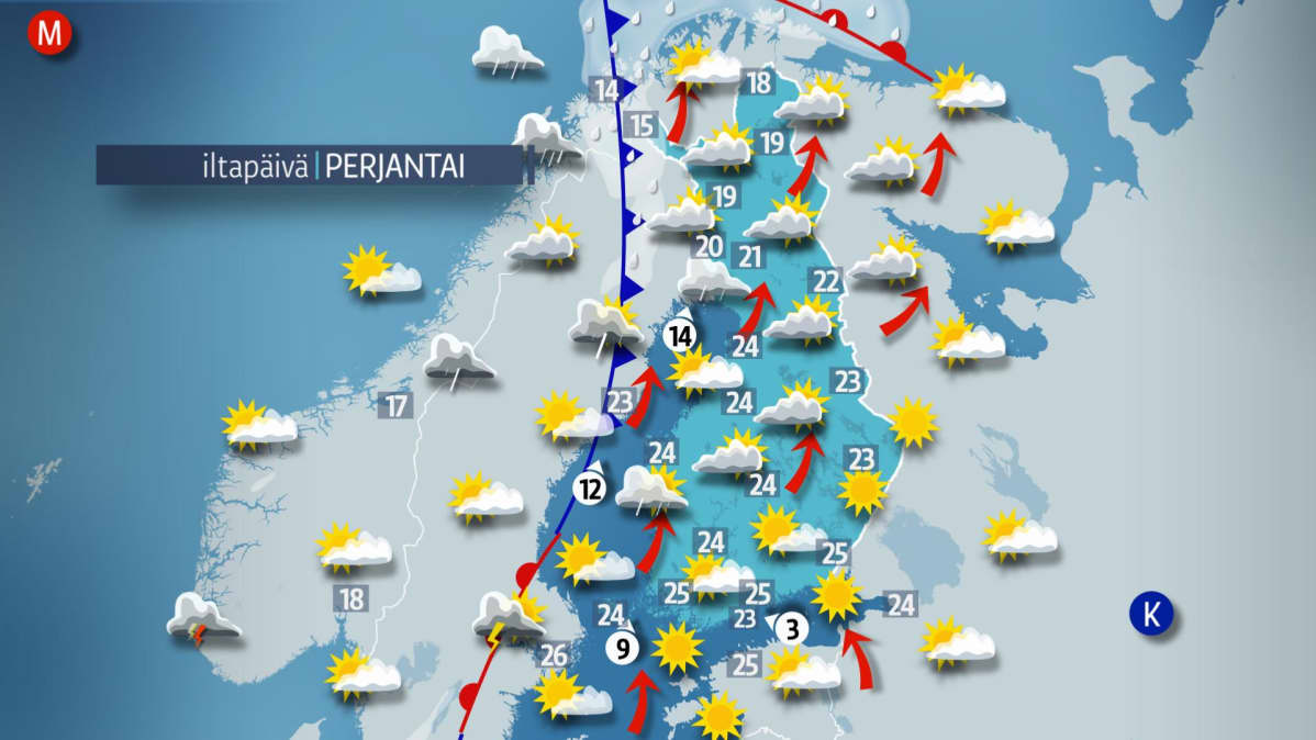 Sääennuste perjantaille 17. elokuuta.