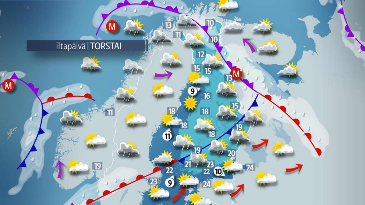 Sääennuste torstaille 23. elokuuta.