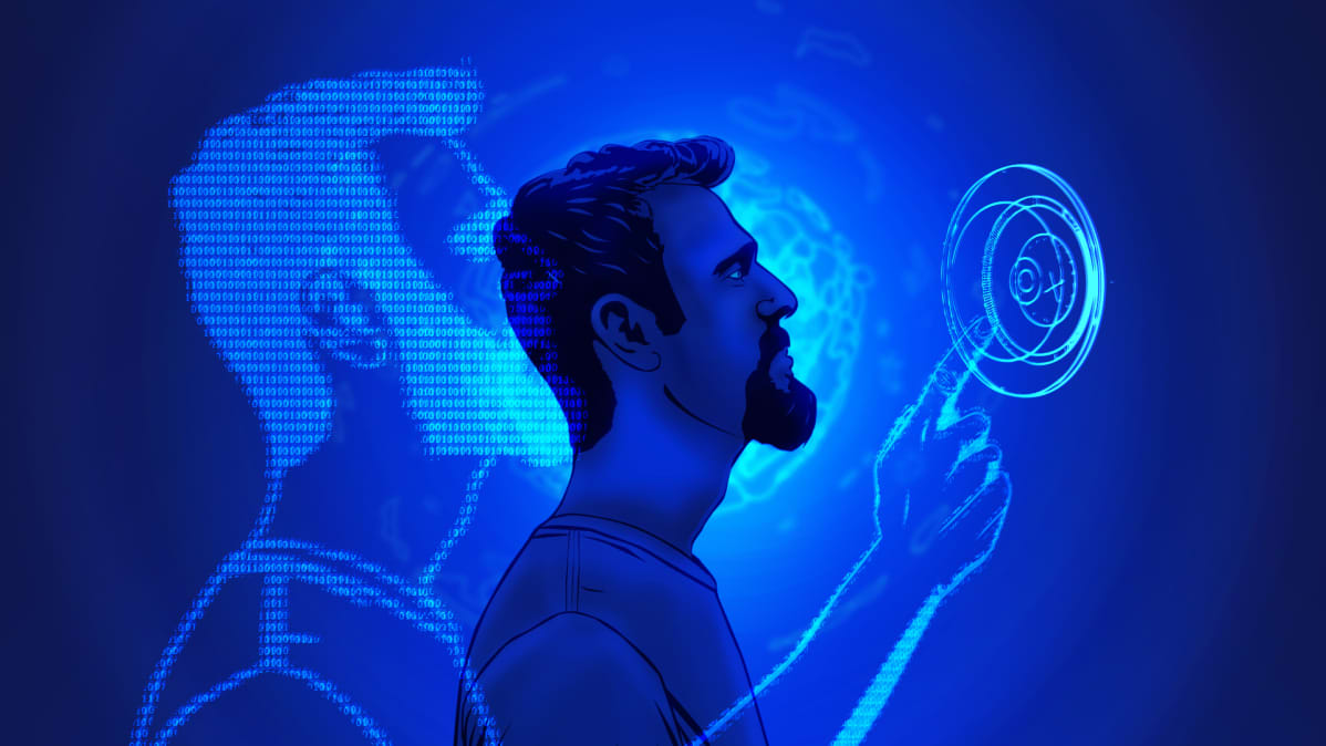 Grafiikka, jossa mies sinisellä taustalla ja digitaalisia merkkijonoja.
