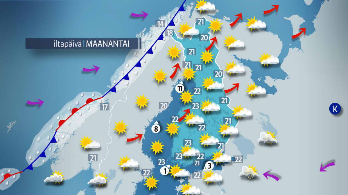 Sääennuste maanantaille 3. syyskuuta.