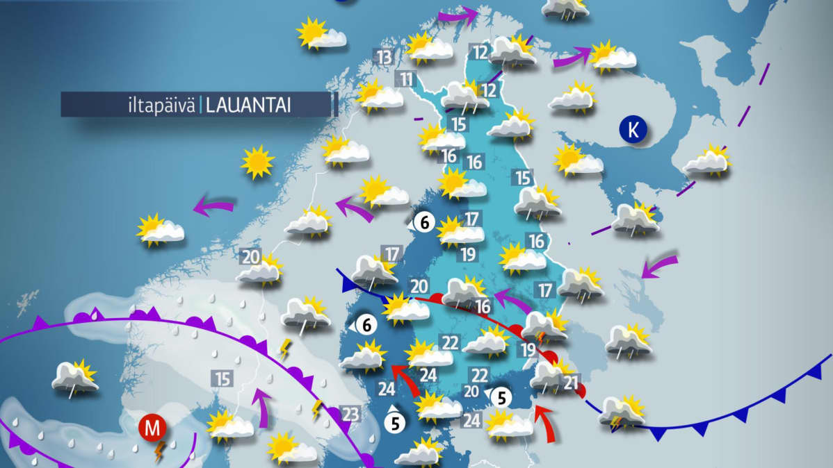 Lauantain sääkartta.