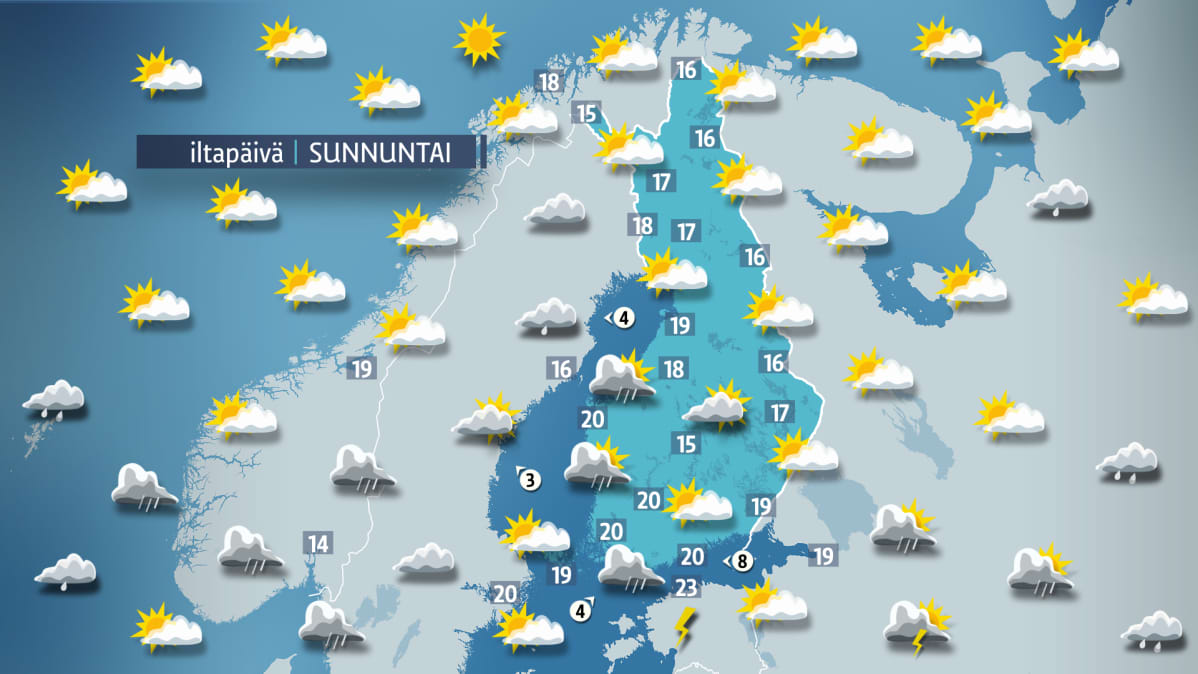 Sunnuntain sääkartta.