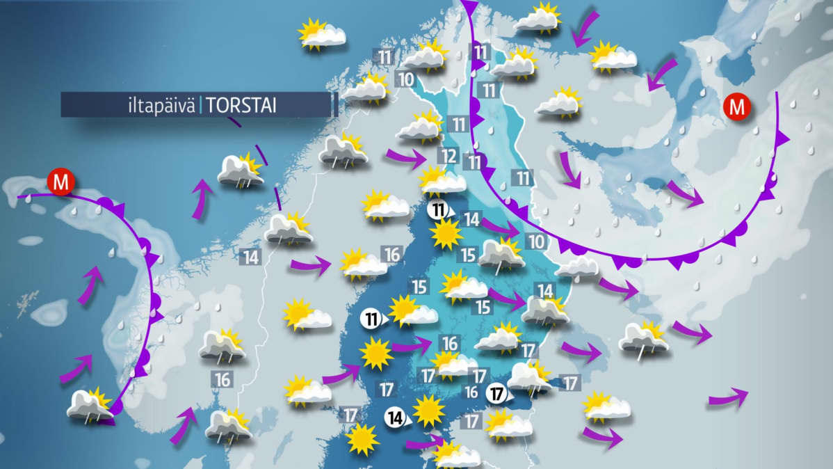 Sääennuste torstaille 13. syyskuuta.