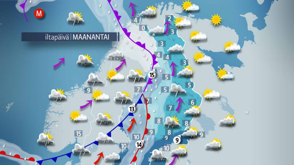 Sääennuste maanantaille 8. lokakuuta.