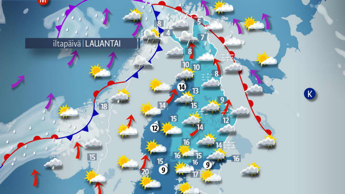 Lauantain sääkartta.
