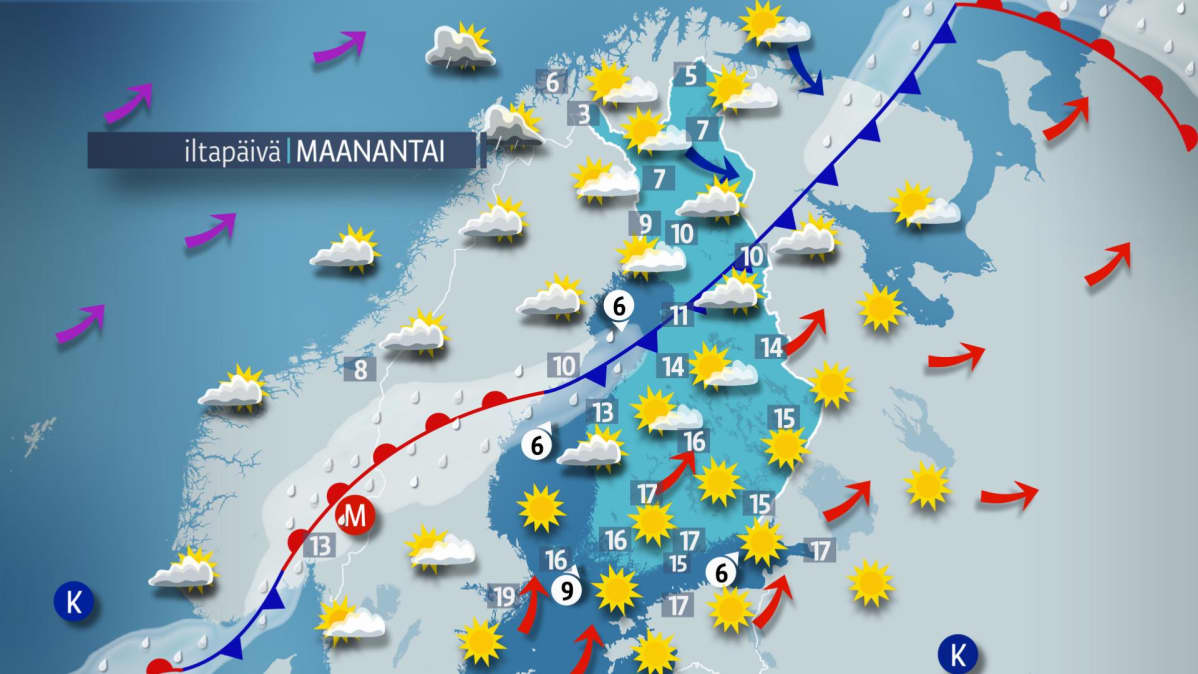 Maanantain sääkartta.
