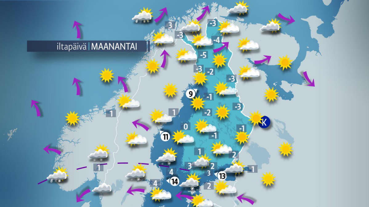 Sääennuste maanantaille 29. lokakuuta.