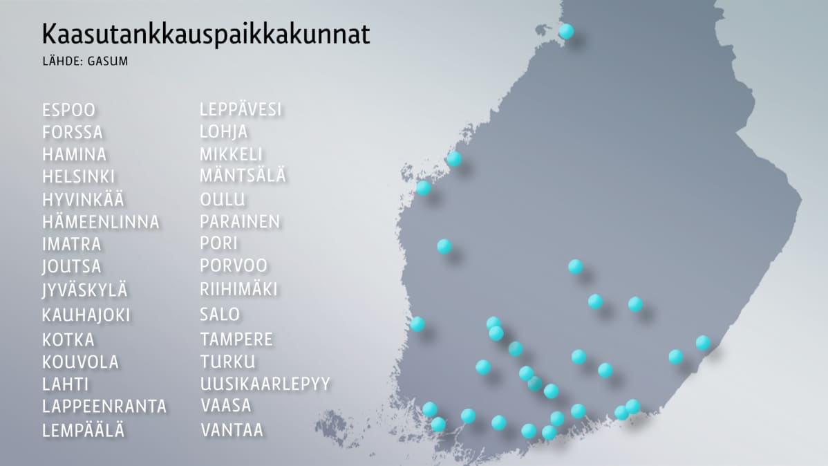 Kaasuautojen tankkausasemia löytyy varsinkin eteläisestä Suomesta.