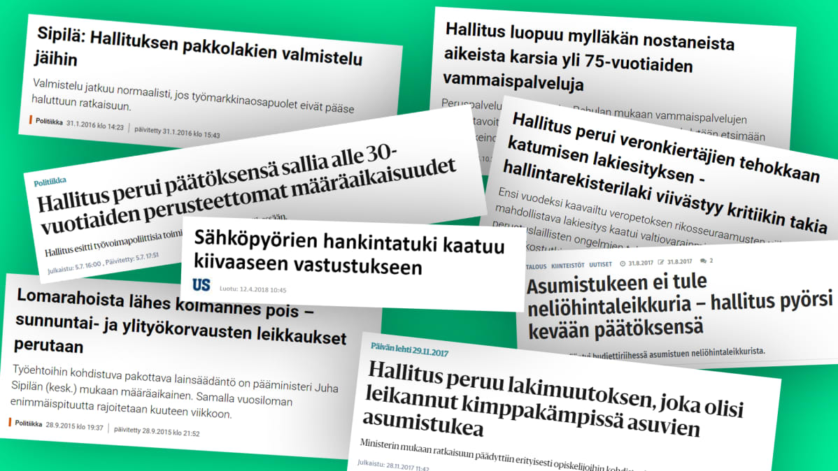 Hallituksen perututtuja päätöksiä