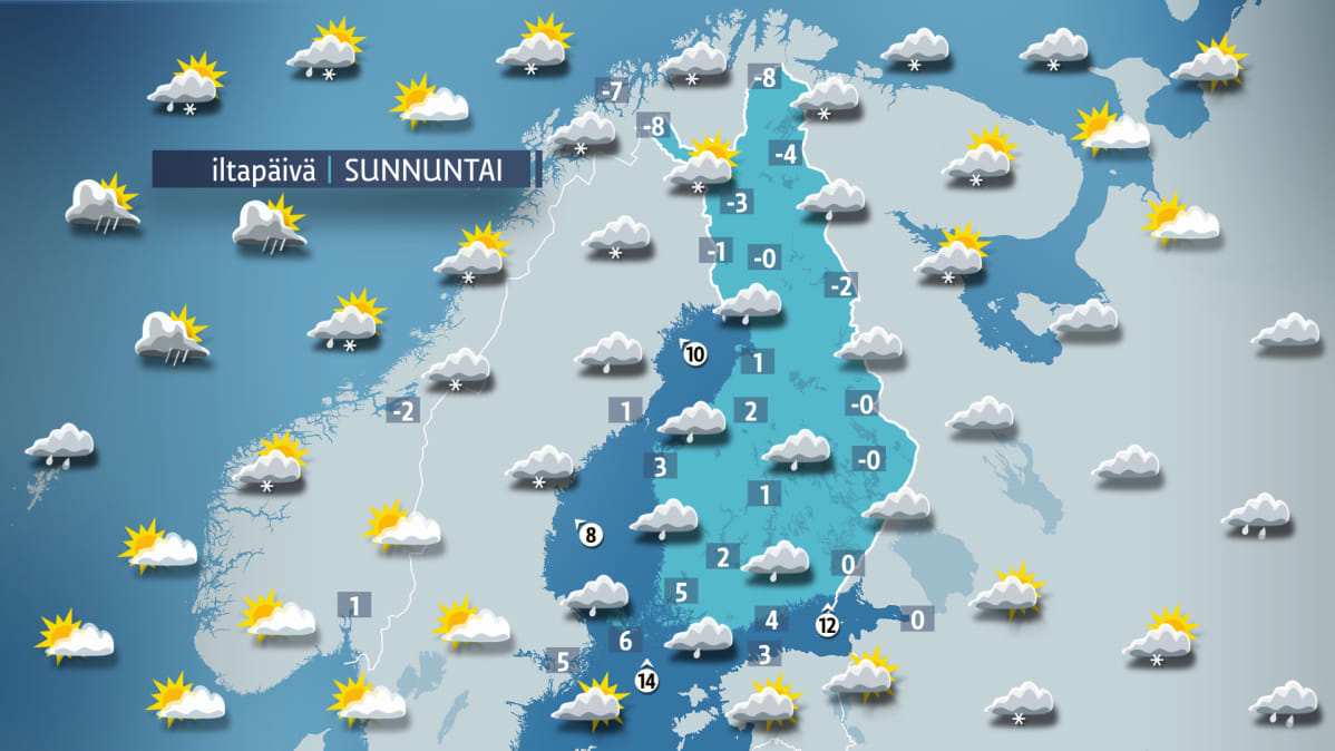 Sunnuntain sääkartta.